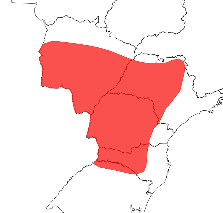 Alerta para Mato Grosso do Sul, São Paulo, Paraná, Santa Catarina e faixa noroeste do Rio Grande do Sul