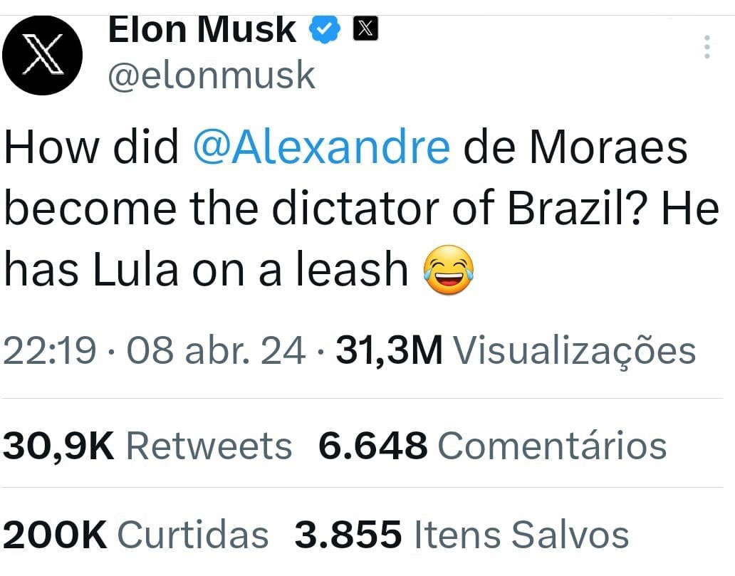 Elon Musk faz postagem forte contra Alexandre de Moraes e Lula