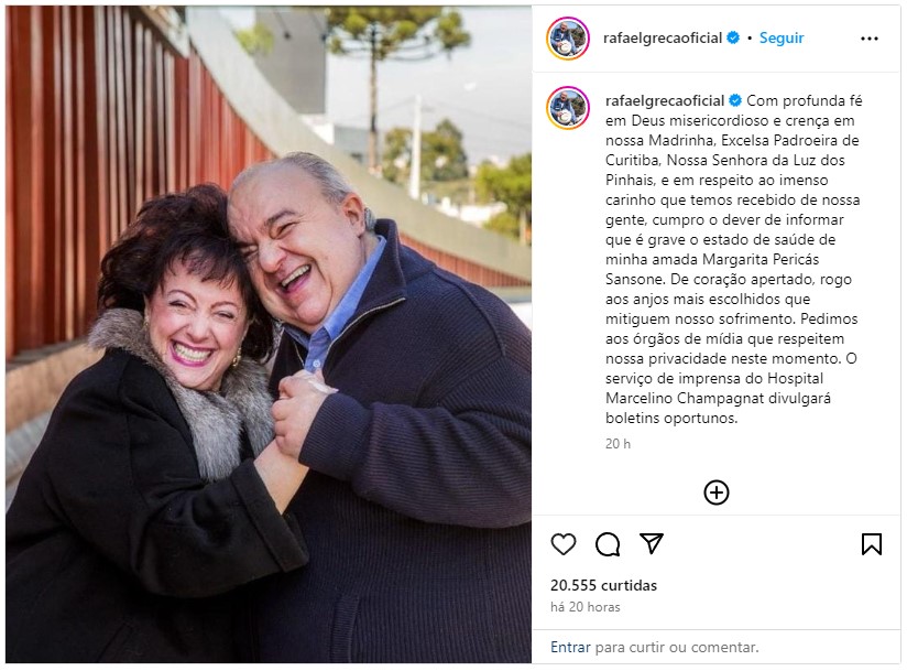 Rafael Greca usa redes sociais para informar sobre grave estado de saúde de sua esposa, Margarita
