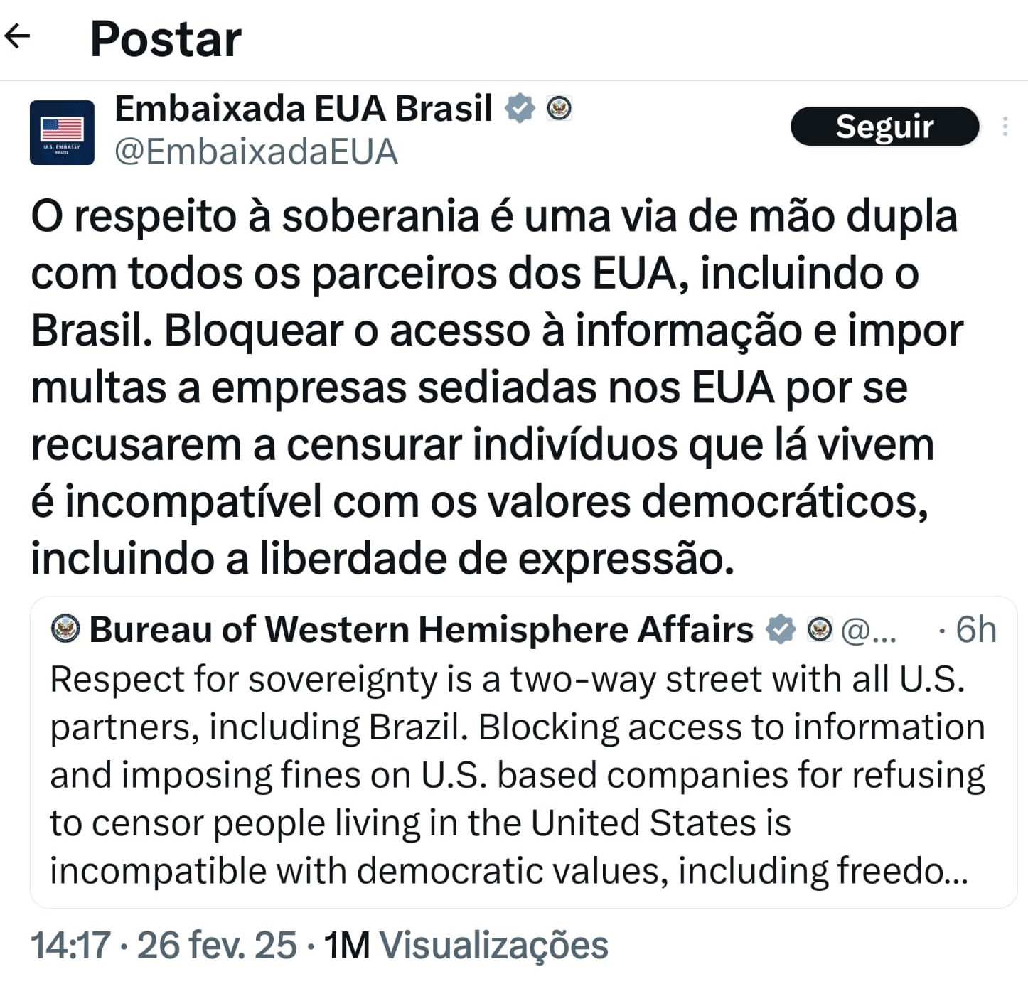A diplomacia EUA x Brasil no X