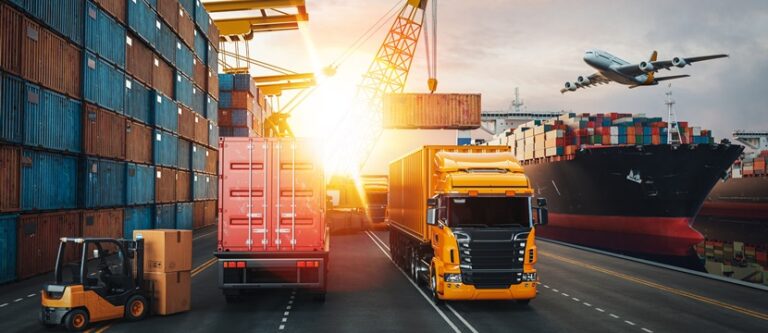 Transportation and logistics of Container Cargo ship and Cargo plane. 3d rendering and illustration.