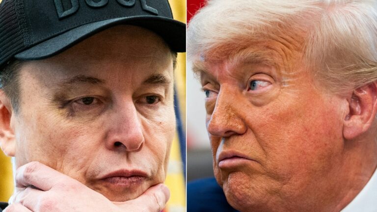 (COMBO) This combination of pictures created on June 03, 2025 shows Elon Musk looks and US President Donald Trump in the Oval Office of the White House in Washington, DC, on May 30, 2025. Tech billionaire Elon Musk on June 3, 2025, hammered the sprawling tax cuts and spending mega-bill that President Trump is trying to muscle through Congress as a "disgusting abomination." "The president already knows where Elon Musk stood on this bill, it doesn't change his opinion. This is one big, beautiful bill, and he's sticking to it," White House Press Secretary Karoline Leavitt told reporters on June 3. (Photo by Allison ROBBERT / AFP)