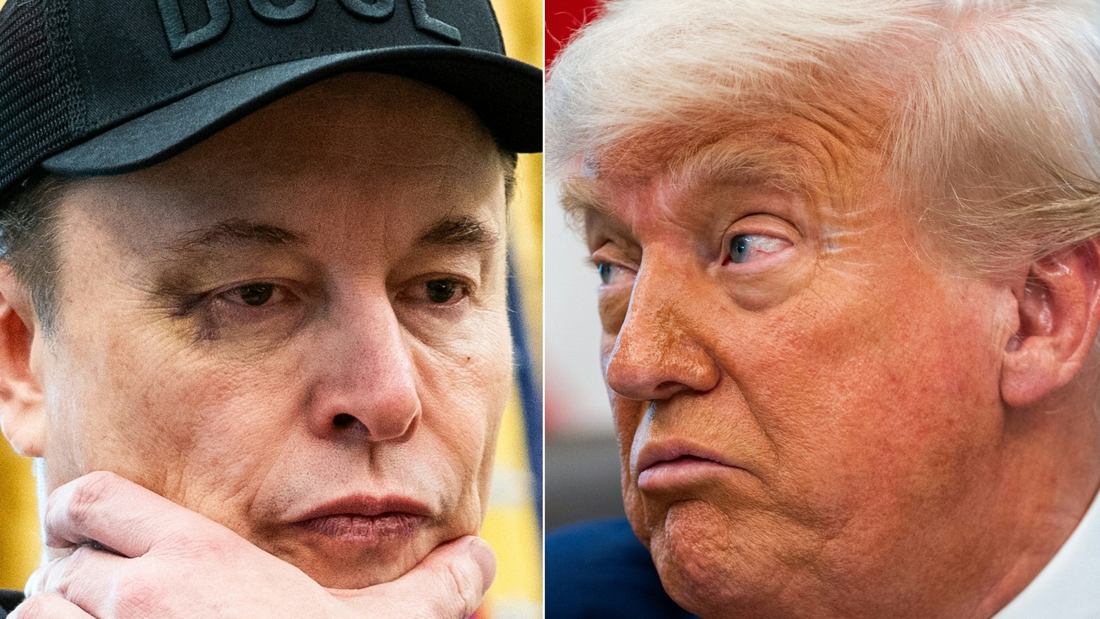 (COMBO) This combination of pictures created on June 03, 2025 shows Elon Musk looks and US President Donald Trump in the Oval Office of the White House in Washington, DC, on May 30, 2025. Tech billionaire Elon Musk on June 3, 2025, hammered the sprawling tax cuts and spending mega-bill that President Trump is trying to muscle through Congress as a "disgusting abomination." "The president already knows where Elon Musk stood on this bill, it doesn't change his opinion. This is one big, beautiful bill, and he's sticking to it," White House Press Secretary Karoline Leavitt told reporters on June 3. (Photo by Allison ROBBERT / AFP)
