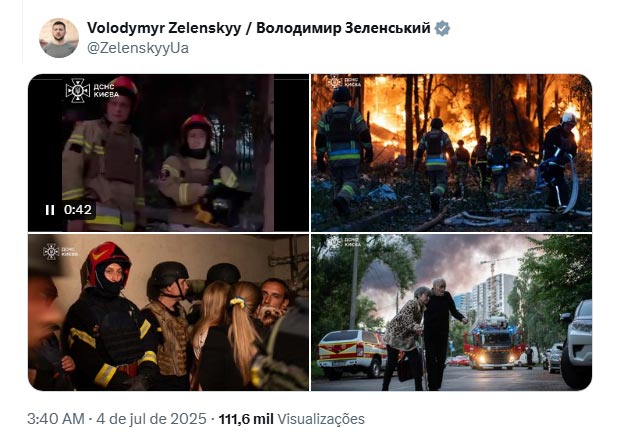 “Mais uma vez, a Rússia está mostrando que não tem intenção de acabar com a guerra e o terror,” Zelensky