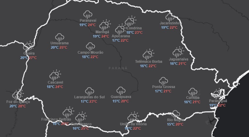 Paraná inicia semana com chuva por todo o estado