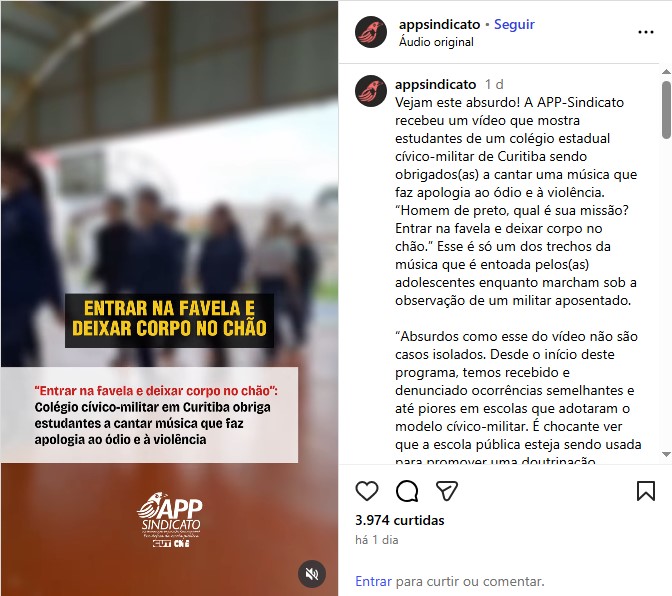 Vídeo mostra alunos de escola cívico-militar entoando versos de apologia ao ódio